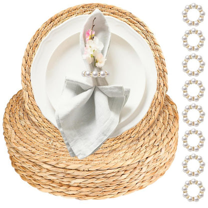 40 Pcs 12 Inch Round Woven Placemats with 20pcs Pearl Napkin Rings，Rattan Placemats Bulk Boho Woven Chargers Natural Water Hyacinth Place Mat for Wedding Party, Dinner Table