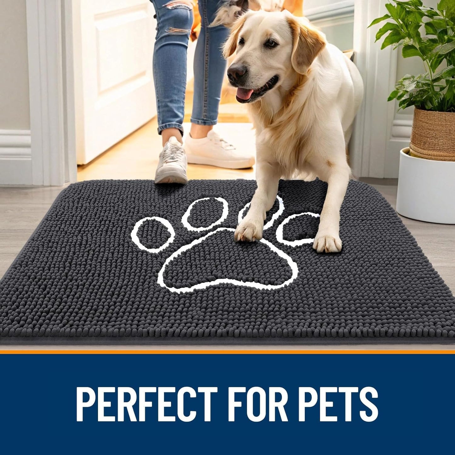 OLANLY Dog Door Mat - Absorbent Non-Slip Mud Mat for Paws | 70x32 Dark Grey Chenille Design