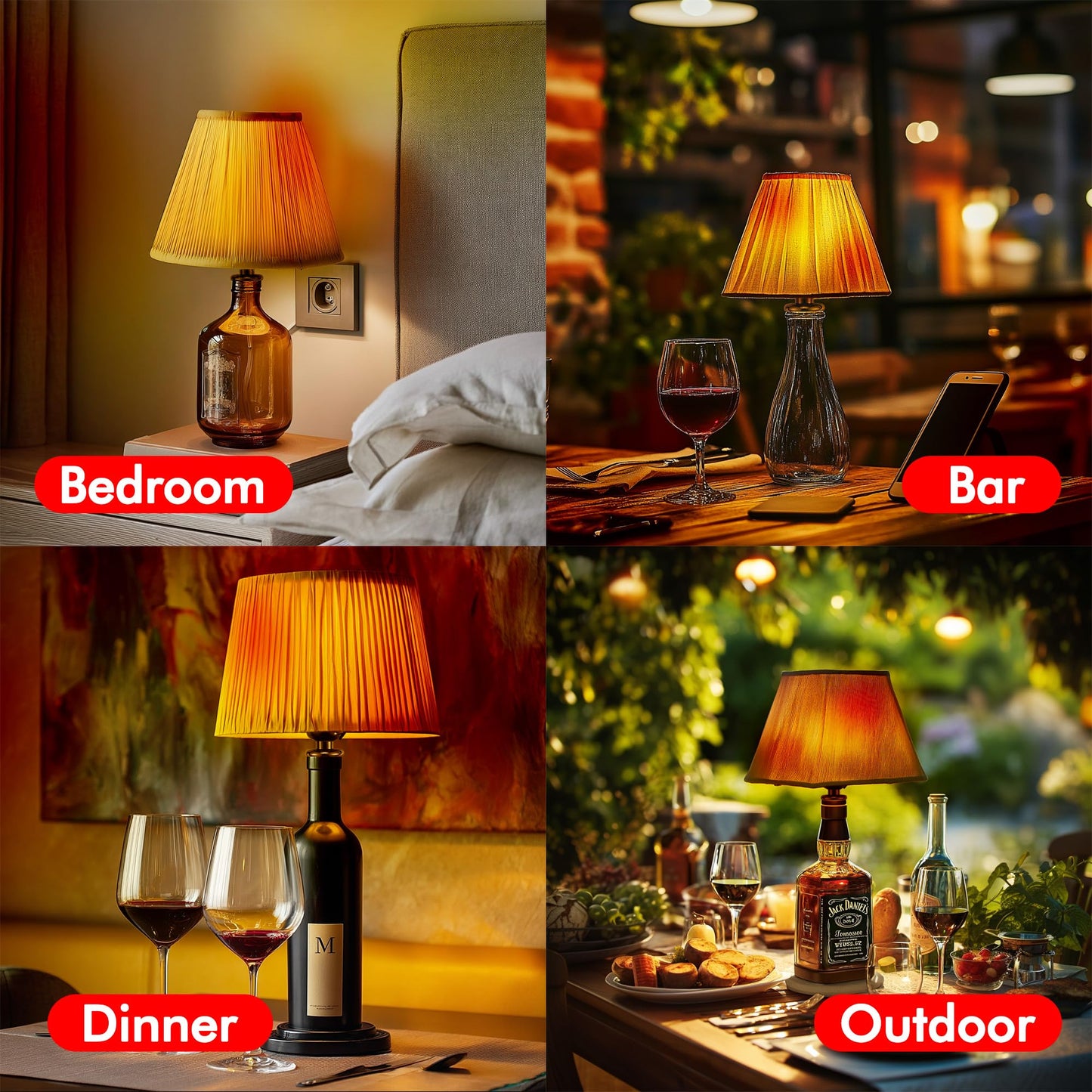 Lpraer 2 Set DIY Wine Bottle Lamp Kit with E26 LED Light Bulbs for Liquor Bottle, w/Glass Drill Bit and Lid, Black Cord w/Lamp Socket, 3 Size Tapper Cork (W/ 2 Flame Effect Light Bulbs)