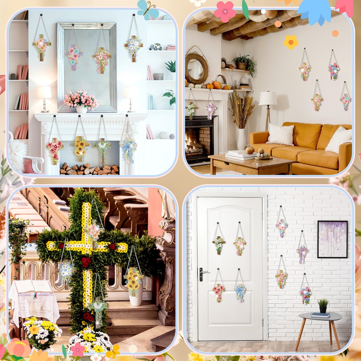 AmazingSpark 12 Pcs Spring Hanging Diamonds Art Kit, 5D DIY Cross Flowers Diamond Painting Pendant Ornament, Religious Diamond Art Kits for Adults Spring Summer Christian Gifts Home Office Wall Decor