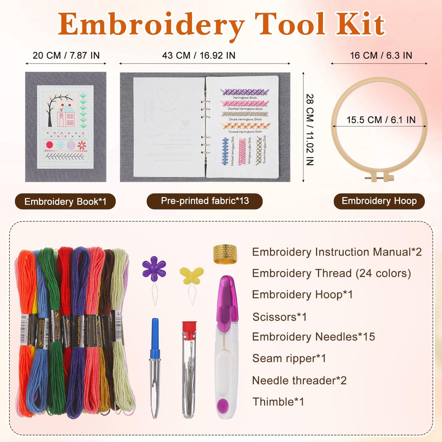 Tofficu Upgraded Embroidery Stitch Book Kit - Beginner Cross Stitch Kit with 6-Ring Binder, 180 Patterns, 24-Color Threads & Tools, All-in-One Embroidery Starter Practice Book for Adults DIY Craft