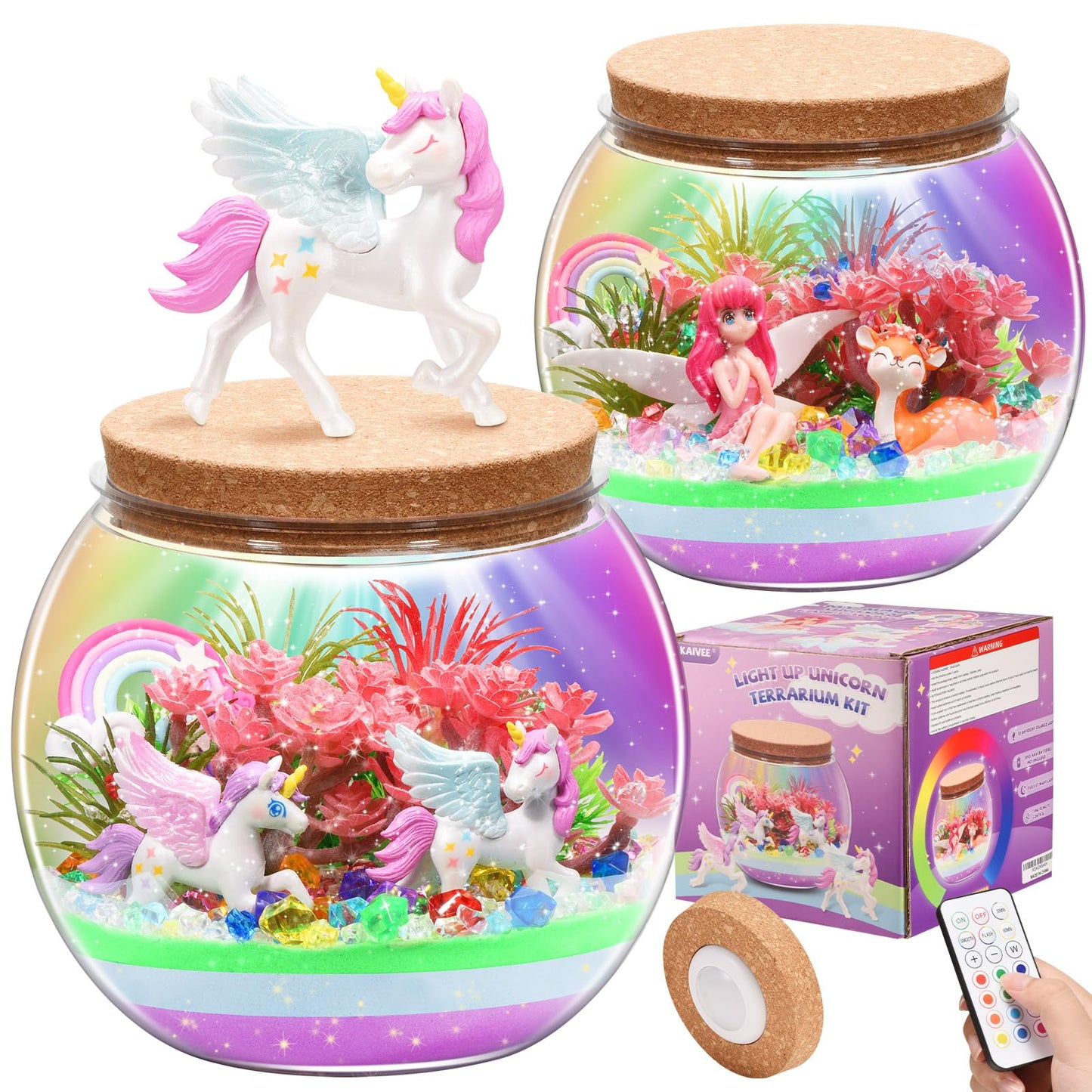 Kaivee 2 Theme in 1 Jar Light Up Unicorn Terrarium Kit & Night Light Fairy Terrarium Kit Creativity DIY Aarts Crafts for Girls Toys Ages 4 5 6 7 8 Year Old Girl Birthday Gifts