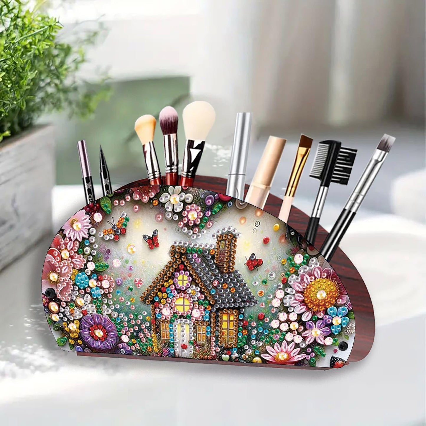 ARTopet Diamond Art Painting Multi-grid Storage Box DIY Wooden Moon Fan-Shaped Tabletop Organizer Double Sided Drill Makeup Brush Organizer for Women Office Home Ornament-House