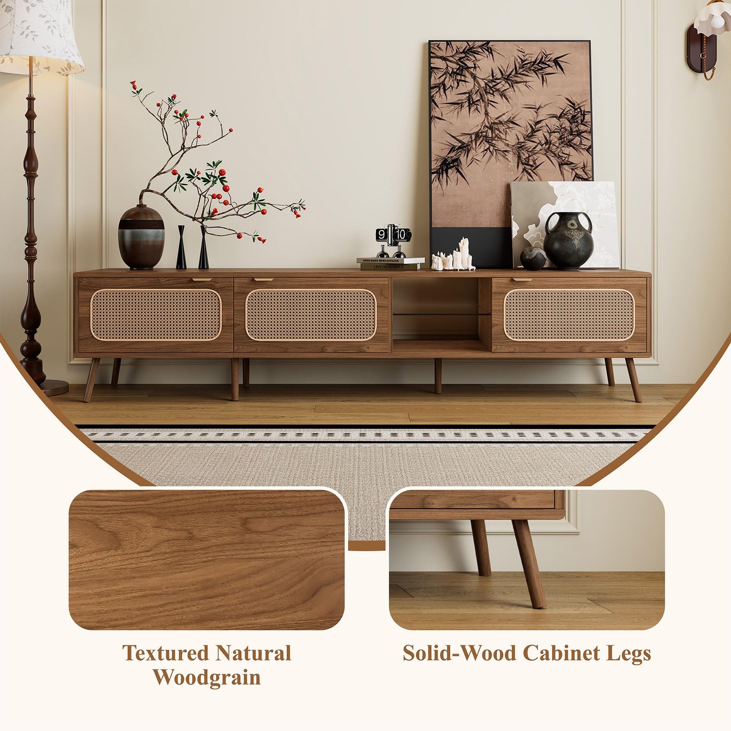 Merax 78 Inch TV Stand for Tvs up to 85", Mid Century Modern Entertainment Center with Storage, Solid Wood Media Console TV Cabinet Table with 3 Rattan-Front Drawer for Living Room