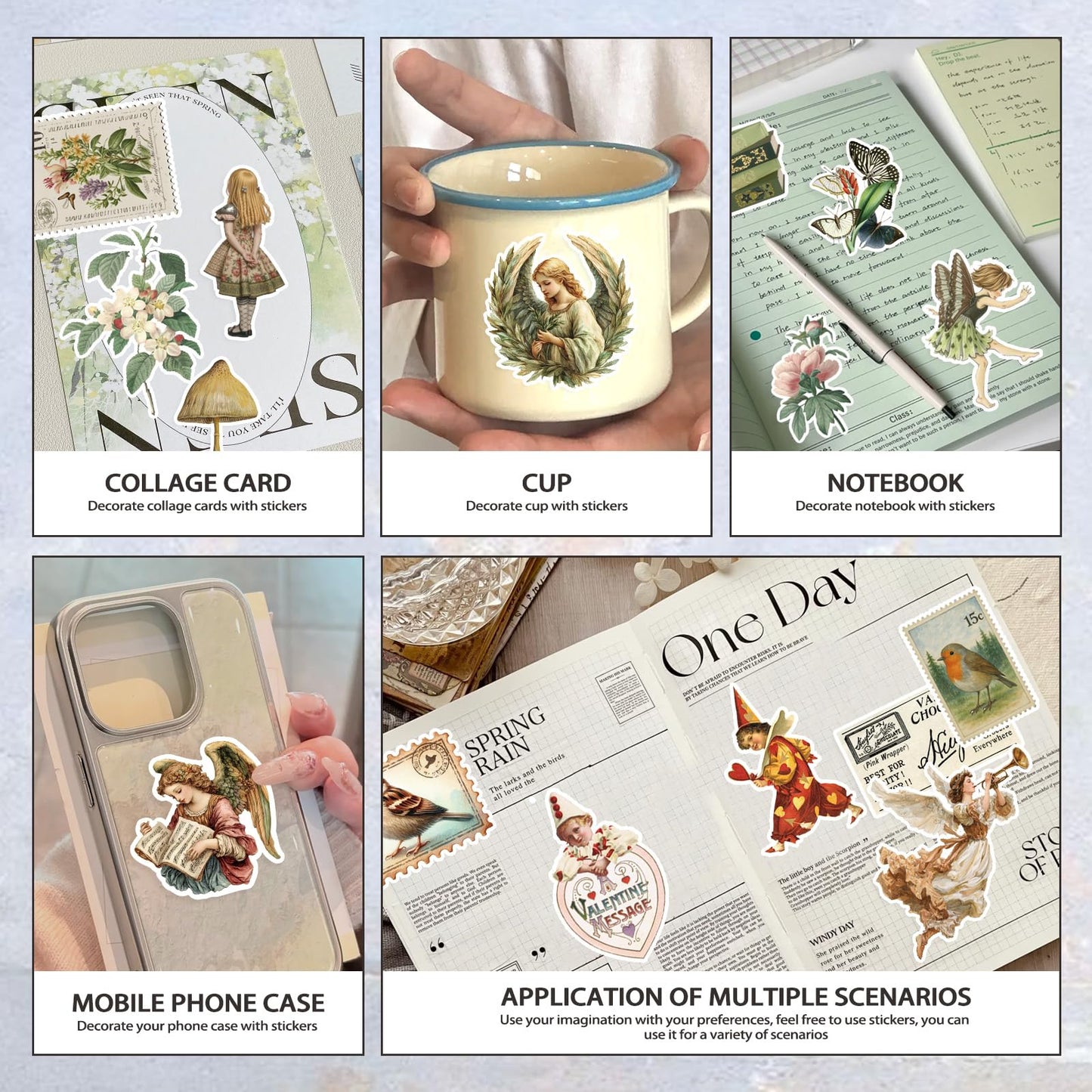 Bomichi Vintage Sticker Book with Washi Paper, Aesthetic Journaling Stickers for Scrapbooking, Bullet Junk Journal, Teen Girl, Water Bottle, Laptop, Planner, DIY Crafts