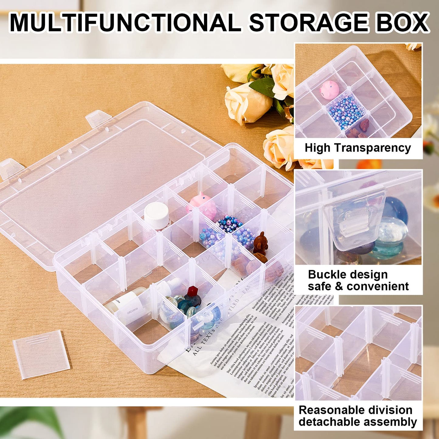Fuutreo 7 Pack 15 Large Grids Clear Plastic Bead Organizer, Plastic Washi Tape Organizer Clear Craft Box with Removable Divider Compartment Jewelry Box Contains for Jewelry, Beads, DIY Crafts