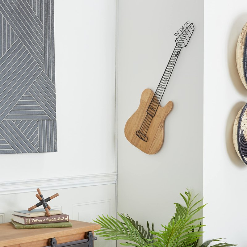 Deco 79 Wooden Guitar Home Wall Decor Wall Sculpture, Wall Art 2" x 11" x 31", Brown