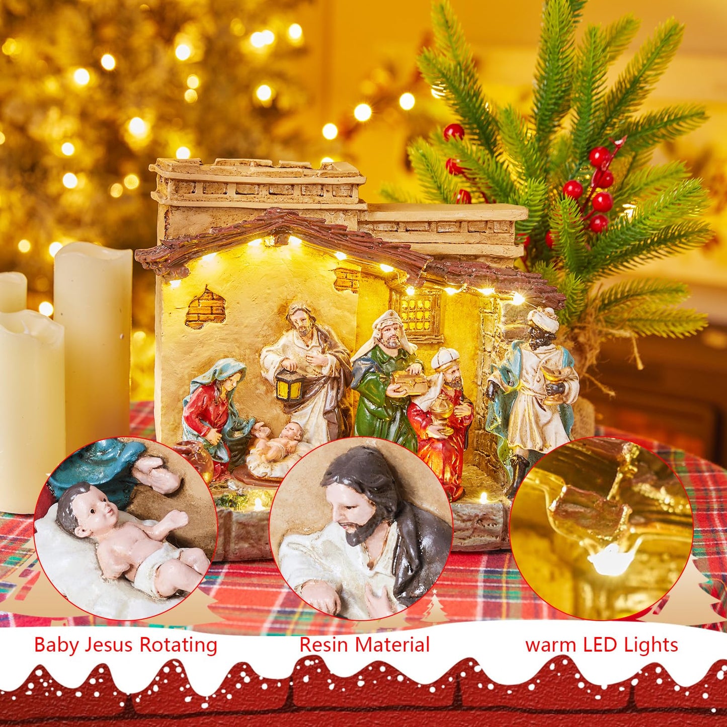 Lighted Christmas Nativity Set Indoor 9.3 Inch Village Resin Stable Manger Nativity Figurine with Music, Battery Operated Light up Tabletop Decorations for Interior Holiday Displays Ornament Gift
