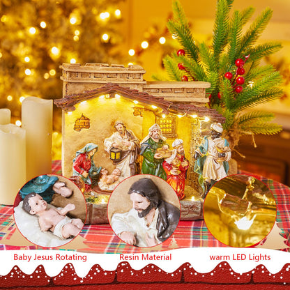 Lighted Christmas Nativity Set Indoor 9.3 Inch Village Resin Stable Manger Nativity Figurine with Music, Battery Operated Light up Tabletop Decorations for Interior Holiday Displays Ornament Gift