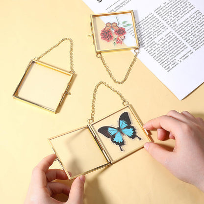 6pcs Glass Frames for Pressed Flowers Gold Mini Glass Hanging Frame 2.7x2.7x0.3 Inch Square Mini Metal Picture Frame Ornaments Clear Double Sided Glass Floating Frame Hanging Artwork Display Frame