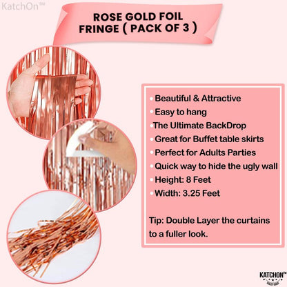 KatchOn, Rose Gold Fringe Curtain - XtraLarge 8x3.2 Feet, Pack of 3 | Rose Gold Backdrop for Bachelorette Party Decor, Graduation Decorations 2025 | Fringe Backdrop for Rosegold Birthday Decorations