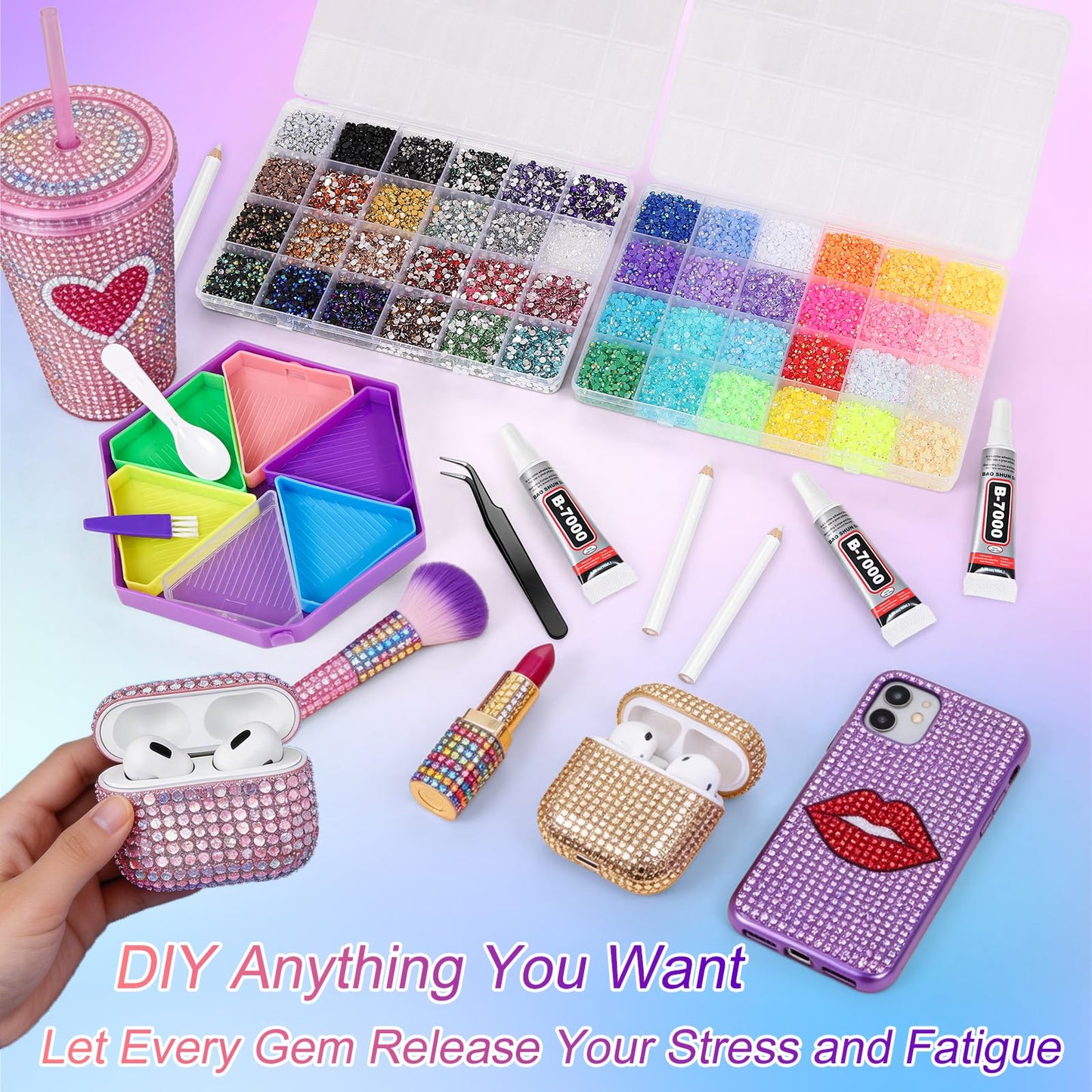 48000pcs Resin Jelly Rhinestones Bedazzling Gems Kit for DIY Stress Relief, 48 Colors Flat Back Pearls for Individual & Group Crafting