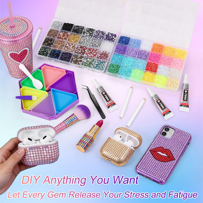 48000pcs Resin Jelly Rhinestones Bedazzling Gems Kit for DIY Stress Relief, 48 Colors Flat Back Pearls for Individual & Group Crafting