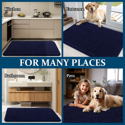 OLANLY Dog Door Mat - Absorbent Non-Slip Washable Chenille Mat for Muddy Paws | 59x35, Navy Blue