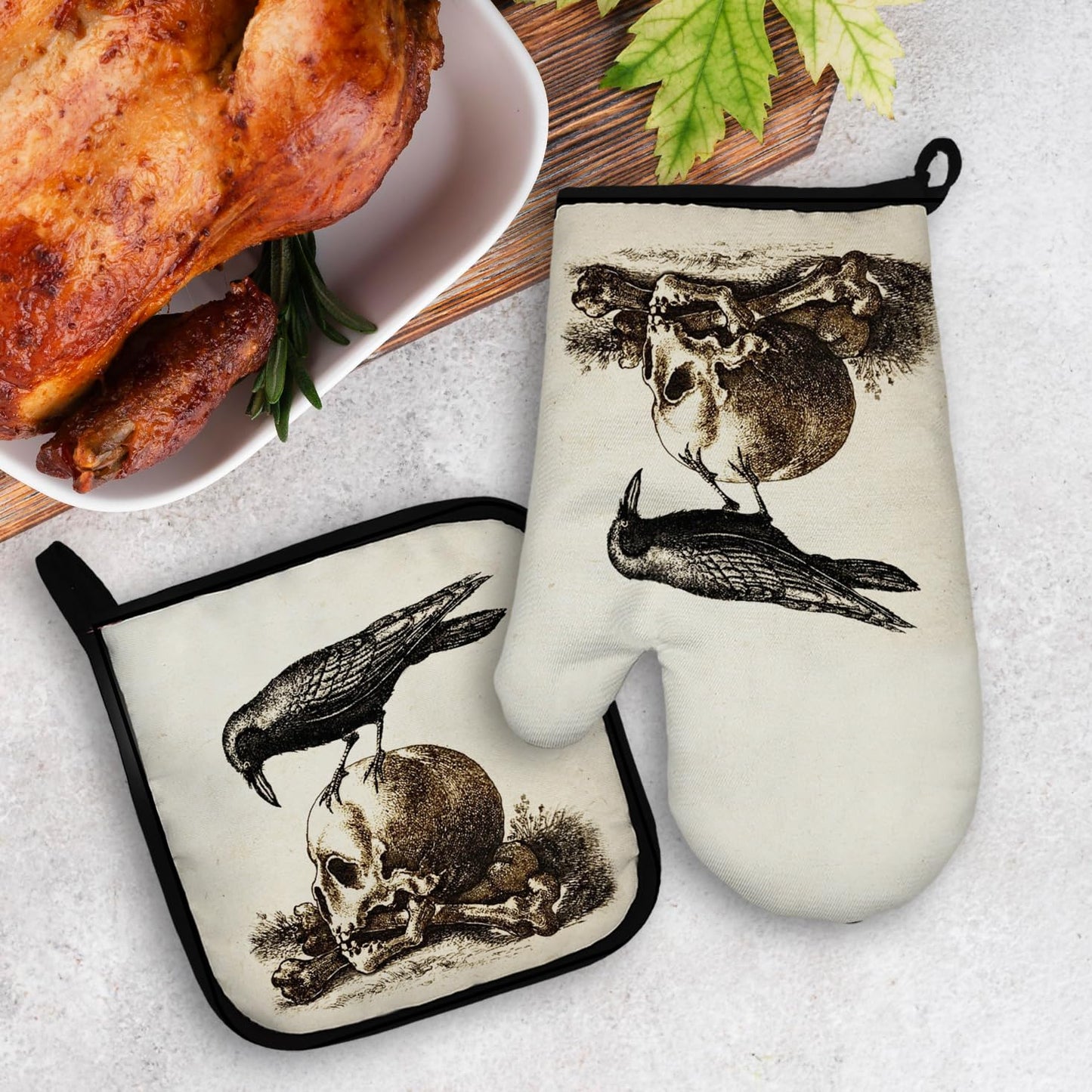 Mingnei Raven Skull Halloween Oven Mitts and Pot Holders Sets, Goth Raven Heat Resistant Potholder Kitchen Decor for Cooking Baking BBQ Grilling, Gothic Oven Glove Set, Gothic Gifts