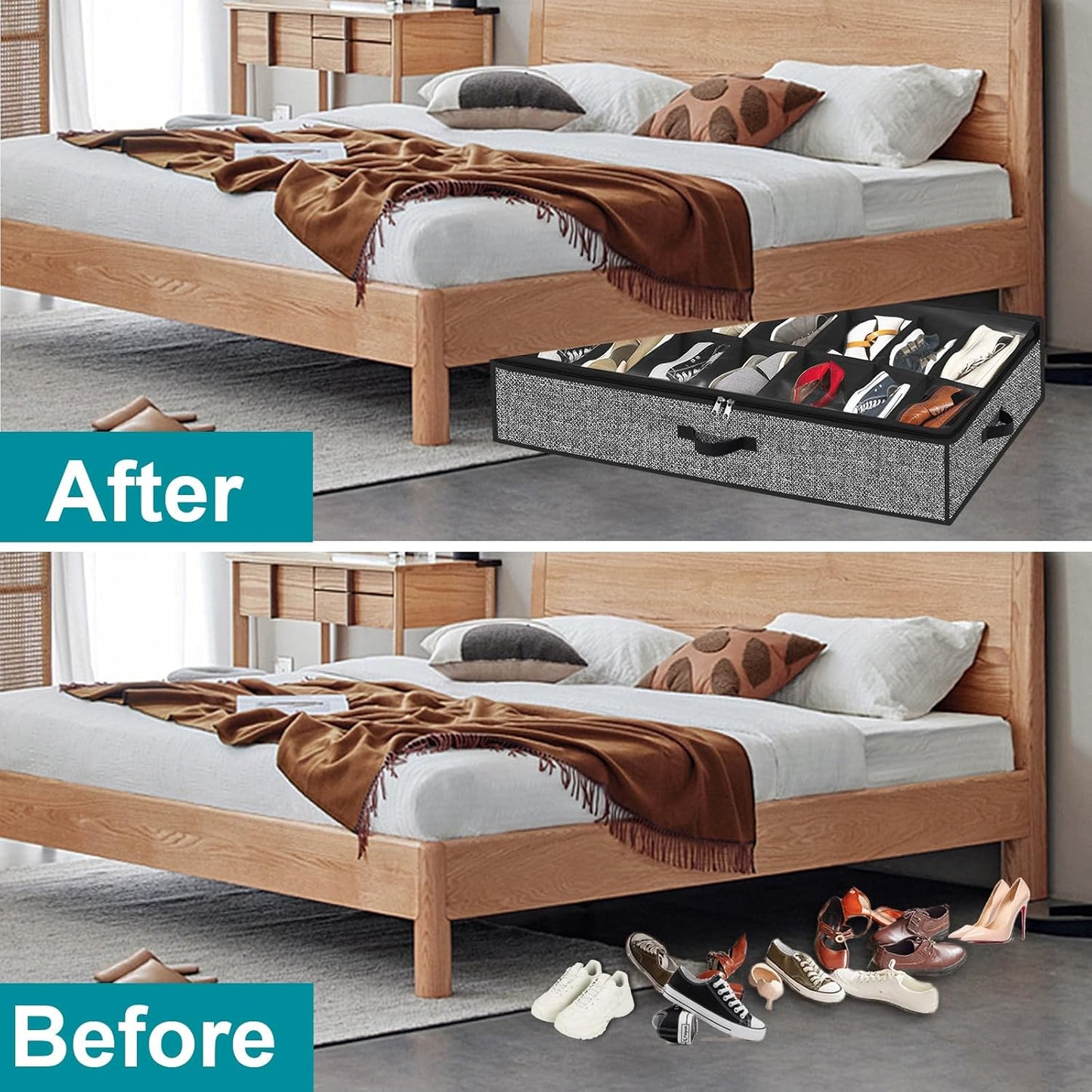 Under Bed Shoe Storage Organizer, 2 Pack Fits 32 Pairs, Clear Window, Foldable Shoe Rack Holder, Black