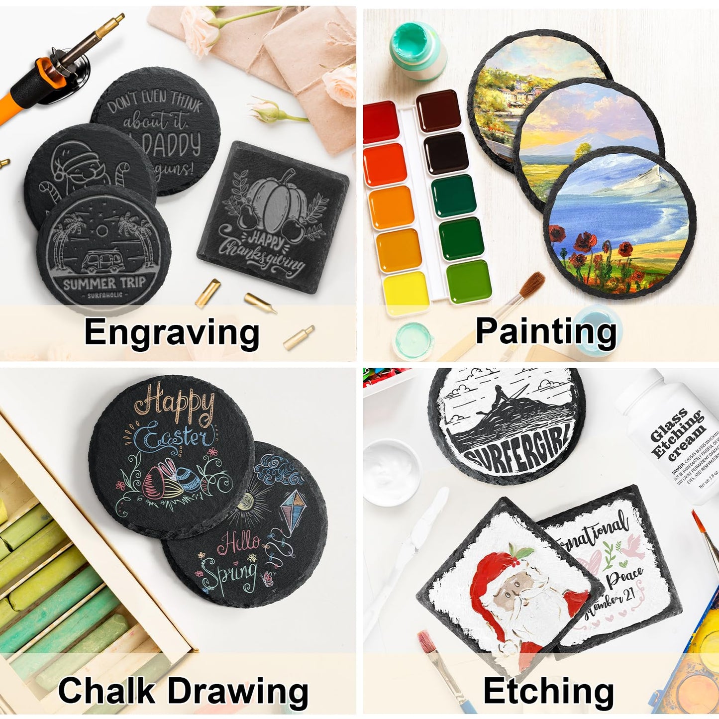 60 PCS Black Slate Stone Coasters Bulk, MAPRIAL 4 Inch 20 PCS Square, 20 PCS Round, 20PCS Hexagon Handmade Drink Coaster for Laser Engraving, Engravable Blanks Material for Engraver, Gifts, Halloween