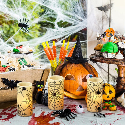 DRomance Flameless Candles Battery Operated with Timer, Set of 3 Spider Cobweb Decals Yellow Light Real Wax LED Flickering Pillar Candles Dinner Tabletop Halloween Home Decoration (3" x 6")