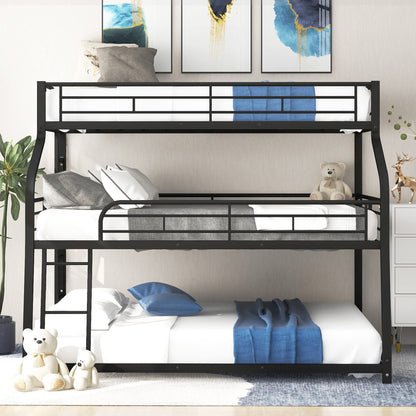Bellemave Heavy Duty Triple Bunk Bed for Multiple Kids,Twin XL Over Full XL Over Queen Size Triple Bunk Bed with Long and Short Ladder for 3 Kids,Unique Curved Metal Frame,Black