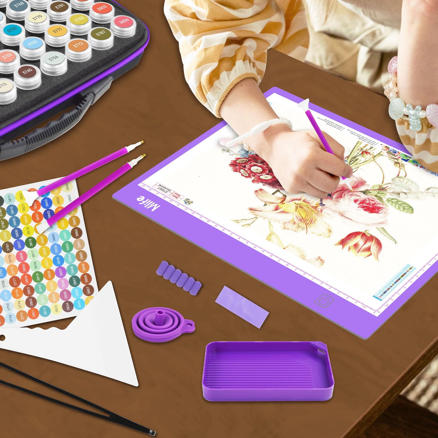 Mlife Diamond Painting Storage Boxes,1 Diamond Painting A4 Light Box Tracing Light Board with 3 Brightness, 80 Slots Bead Storage with 5D Diamond Art Accessories and Tools Kit（Purple）