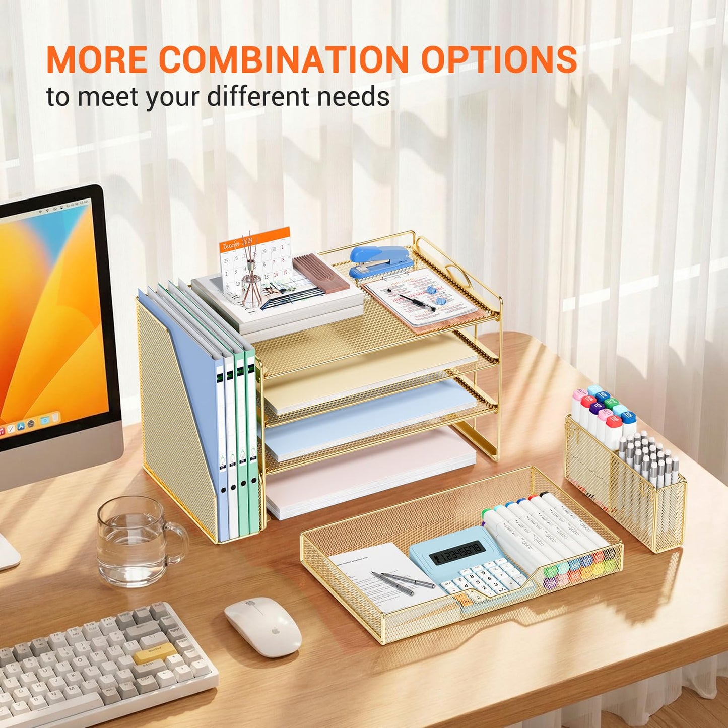 OPNICE Desk Organizers and Accessories, 4-Tier Office Desk Accessories & Workspace Organizers with Drawer and Pen Holder, Desktop Paper Tray File Organizer for Home Office Supplies, Gold