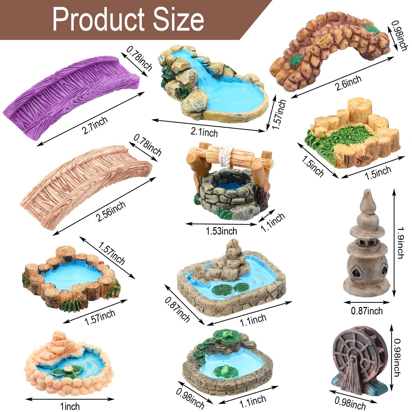 Meooeck 24 Pcs Miniature Garden Accessories Mini Fairy Bridge Figurines Pond Garden Decor Micro Landscape Lighthouse Water Well Ornament for Yard DIY Craft Dollhouse