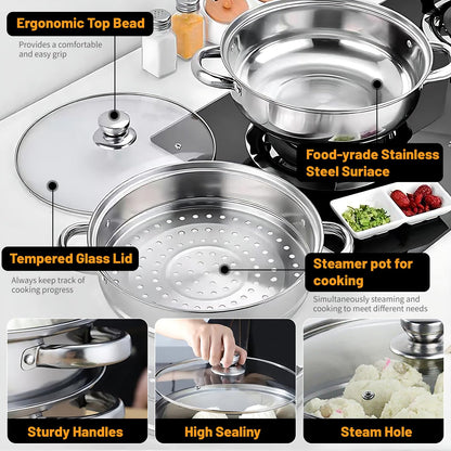 2-Tier 28cm 304 Stainless Steel Steamer Pot with Glass Lid,for Dumplings, Seafood, Veggie Stews & Homemade Soups