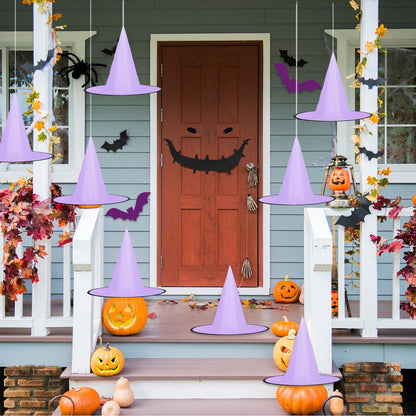 Whaline 14Pcs Halloween Purple Witch Hats with 109 Yard Hanging Rope 32Pcs 3D Bat Stickers Hanging Witch Caps for Home Garden Yard Lawn Decoration