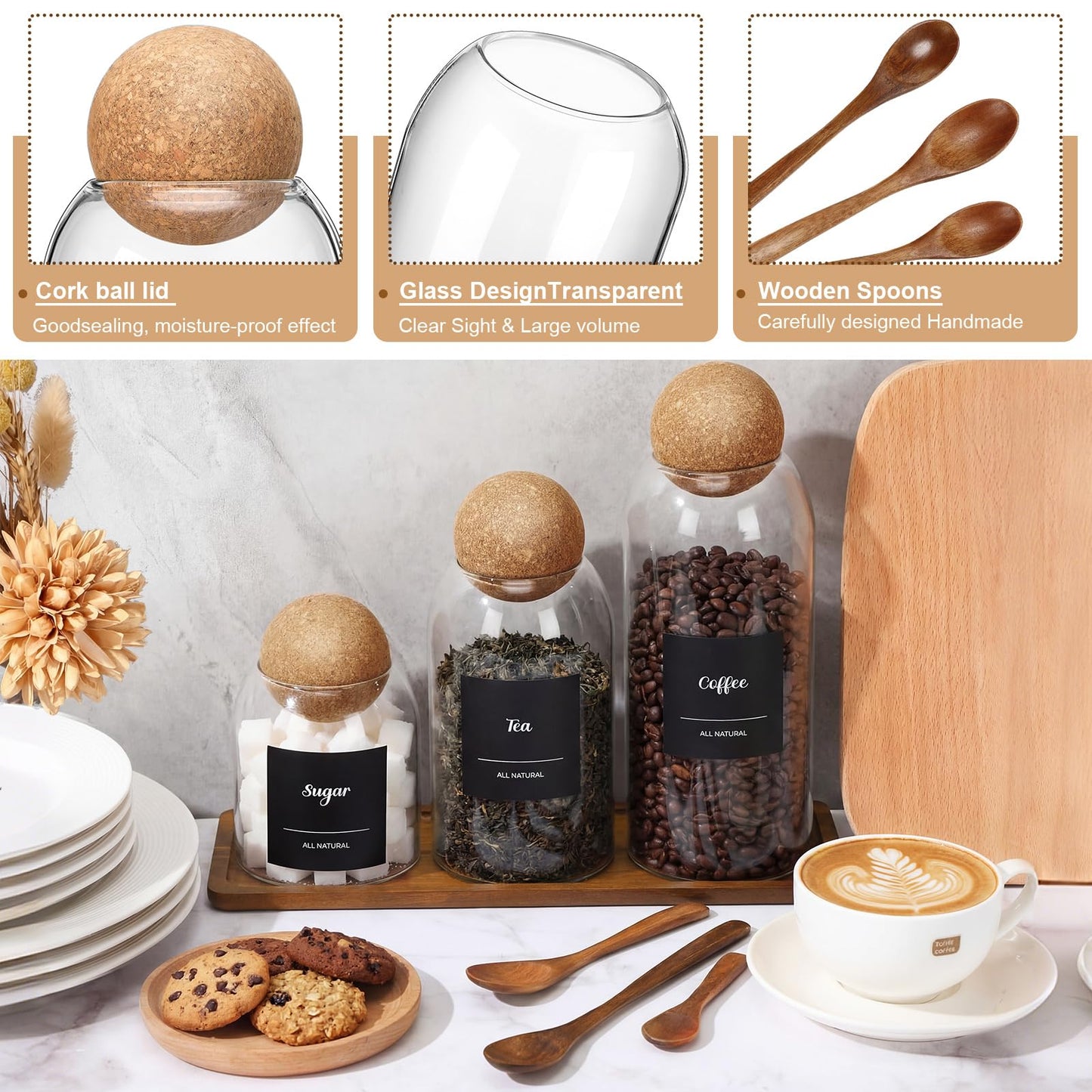 Suclain 3 Pcs Glass Coffee Storage Jar with Ball Cork Lid Wooden Spoon Shelf Labels Airtight Round Bottle Jar Food Storage Canister Set for Sugar Spice Coffee Bean Holder Candy Gift(17, 27, 41 oz)