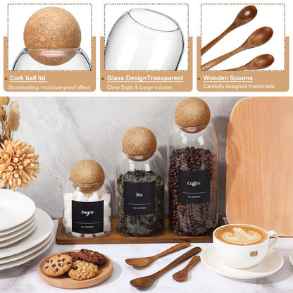 Suclain 3 Pcs Glass Coffee Storage Jar with Ball Cork Lid Wooden Spoon Shelf Labels Airtight Round Bottle Jar Food Storage Canister Set for Sugar Spice Coffee Bean Holder Candy Gift(17, 27, 41 oz)