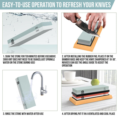 Complete Knife Sharpening Stone Kit - Goodjob Premium Whetstone Knife Sharpener Stone - Dual Grit 400/1000 3000/8000 Wet Stone Sharpening Kit with Cut Resistant Gloves, Honing Guide, Bamboo Base