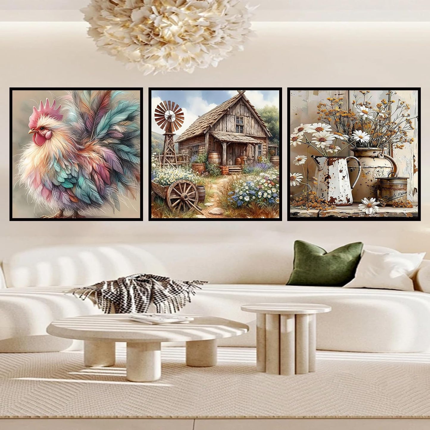Ekuxom 3 Pack Diamond Art Kits for Adults - Rustic Farmhouse Daisy Diamond Painting Kits for Adults - 5D DIY Round Full Drill Diamond Dot Gem Art Crystal Kits for Home Wall Decor 14x14inch
