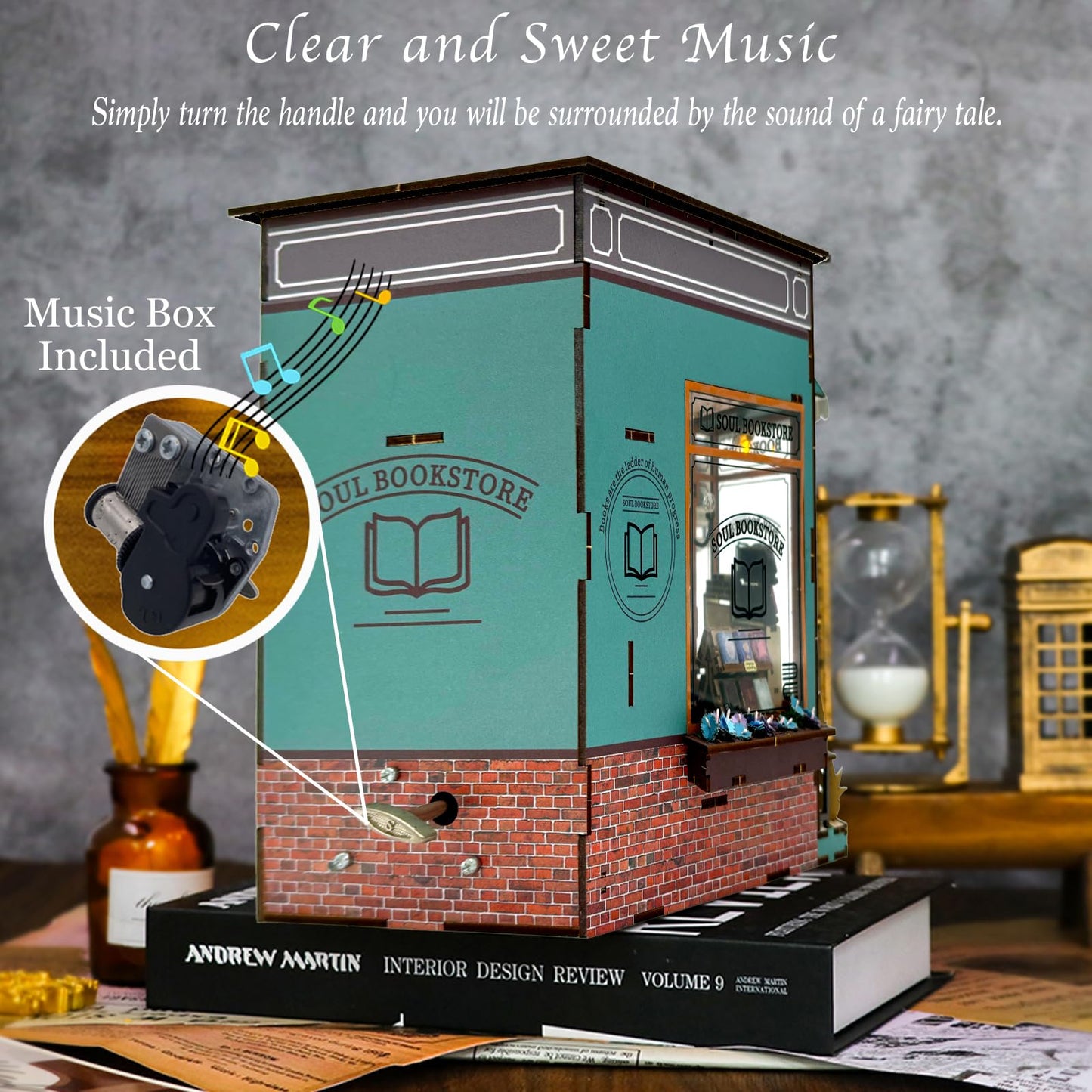 RICFURPET DIY Book Nook Kit with Music Box, Wooden 3D Puzzle Dollhouse with LED, Miniature House Kit Bookends for Adult and Teen, Bookshelf Decor, Creative Gift for Friends and Family. Soul Bookstore