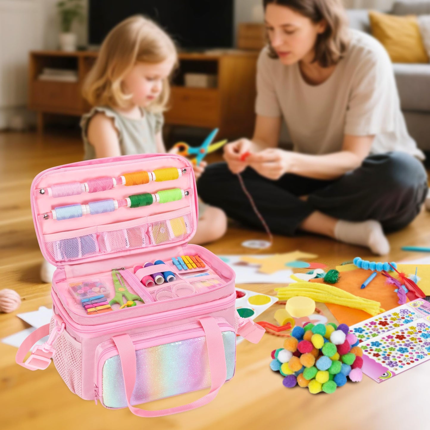 GRAOSO Double Layer Sewing Organizer for Crafts Sewing Supplies, Crafts Accessories Bag, Portable Sewing Box with Handle and Detachable Shoulder Strap, Rainbow Sequins Design, Pink (Case Only)