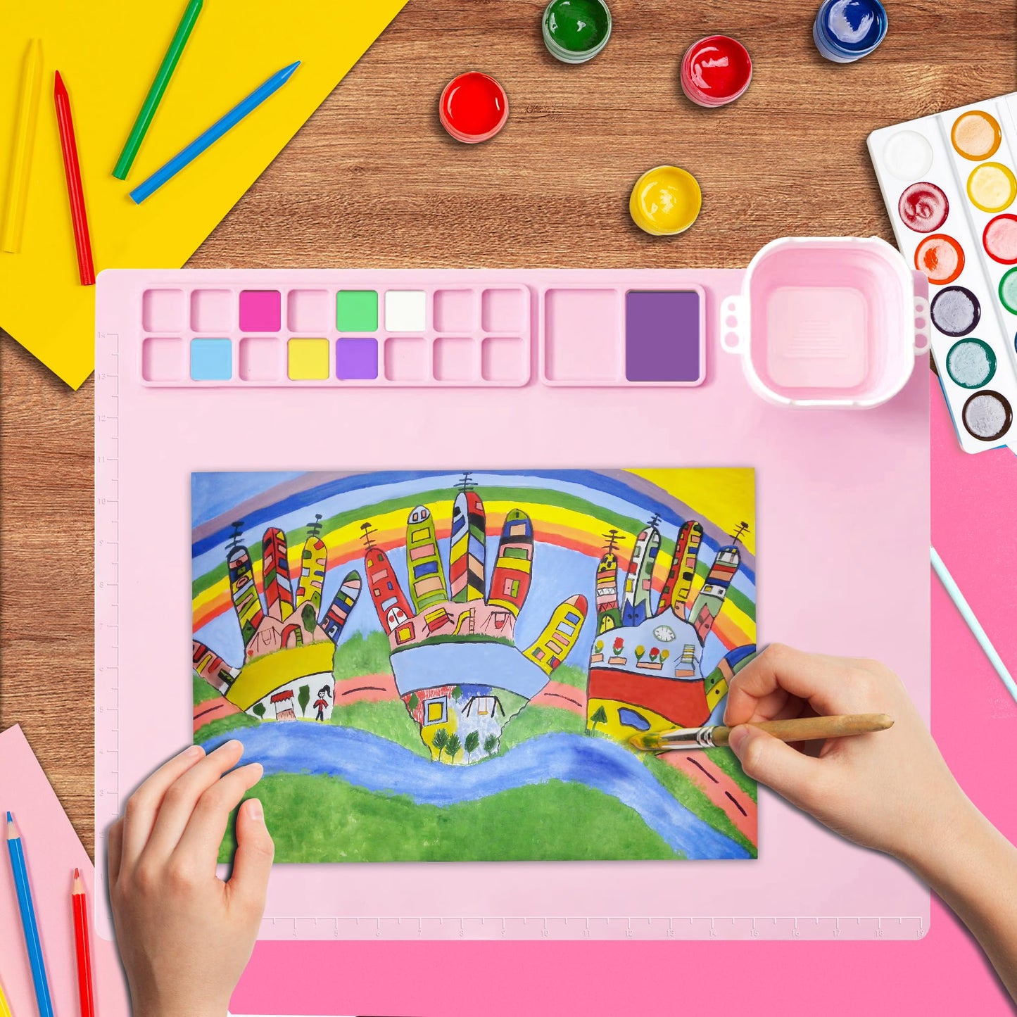 MEKOTRIN Silicone Painting Mat, 20"X16" Art Mat with Cup and Palettes, Silicone Craft Mat has 16 Color Dividers, Paint Mat for Artist Clay DIY Creations(Pink)