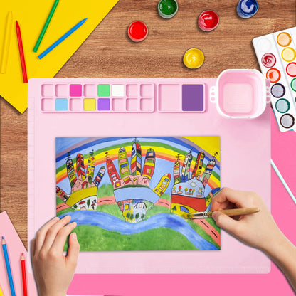 MEKOTRIN Silicone Painting Mat, 20"X16" Art Mat with Cup and Palettes, Silicone Craft Mat has 16 Color Dividers, Paint Mat for Artist Clay DIY Creations(Pink)