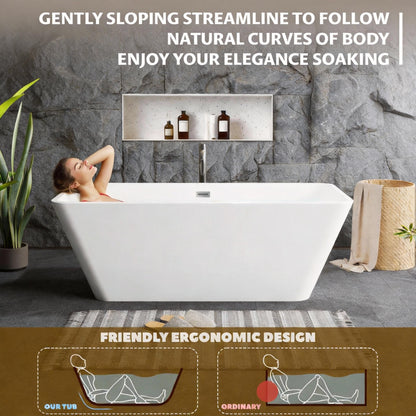 59" Freestanding Acrylic Soaking Tub,Large Freestanding Bathtub with Non-Slip Surface, Overflow and Drain Included, Freestanding Bathtub with Chrome Drain, Deep Stand-Alone Tub for Relaxing Home Spa