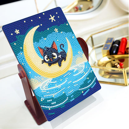 pigpigboss Black Cat Diamond Painting Rotate Mirror Kit, 5D DIY Crystal Drill Moon Cat Diamond Art Dots Makeup Mirror for Adult Beginner Home Office Desktop Decor