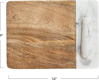 Creative Co-Op Mango Wood and Marble Cheese and Cutting Board with Inlaid Marble Pestle