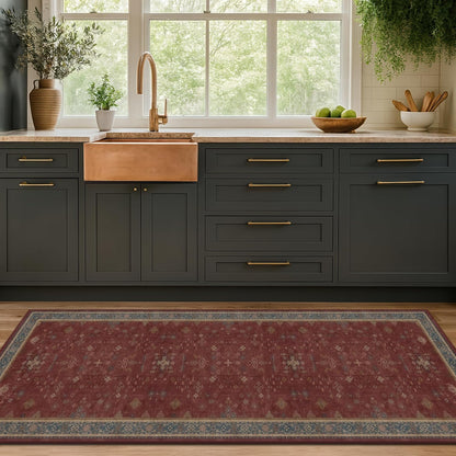 Turkish Kitchen Runner Rugs - Non-Skid Washable Design | Dark Red 2x6 for Hallway & Bathroom