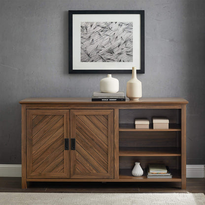 Walker Edison Modern Wood Grooved Buffet Sideboard with Open Storage Entryway Serving Storage Cabinet Doors Dining Room Console, 58 Inch, Dark Walnut