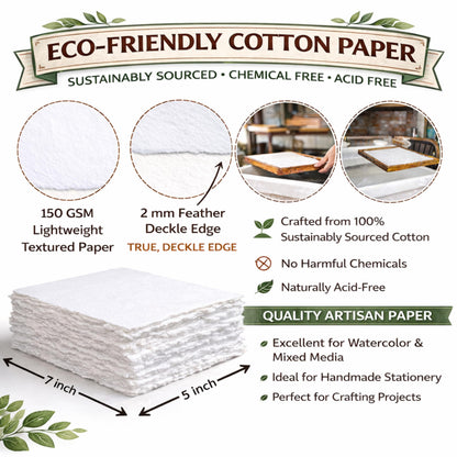 Handmade White Deckle Edge Blank Paper - 5x7 Inch Package of 50 - Mixed Media Loose Leaf Paper for Postcards, Invitations, Crafts and Announcements - Thick 150 GSM