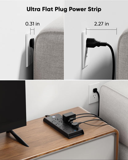 Surge Protector Power Strip 4800J, LeZone 10Ft Long Extension Cord Flat Plug, 12 Outlets 2 USB C 2 USB Ports, Wall Mountable, 20W Desk Charging Station, Black