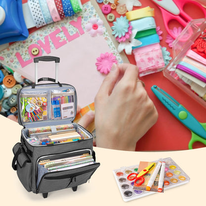 Trunab Rolling Scrapbook Tote with Expandable File Pocket, Large Craft Organizer and Storage Bag with Detachable Trolley and Bottom Support Panel for Scrapbooking Supplies and Art Tools, Grey
