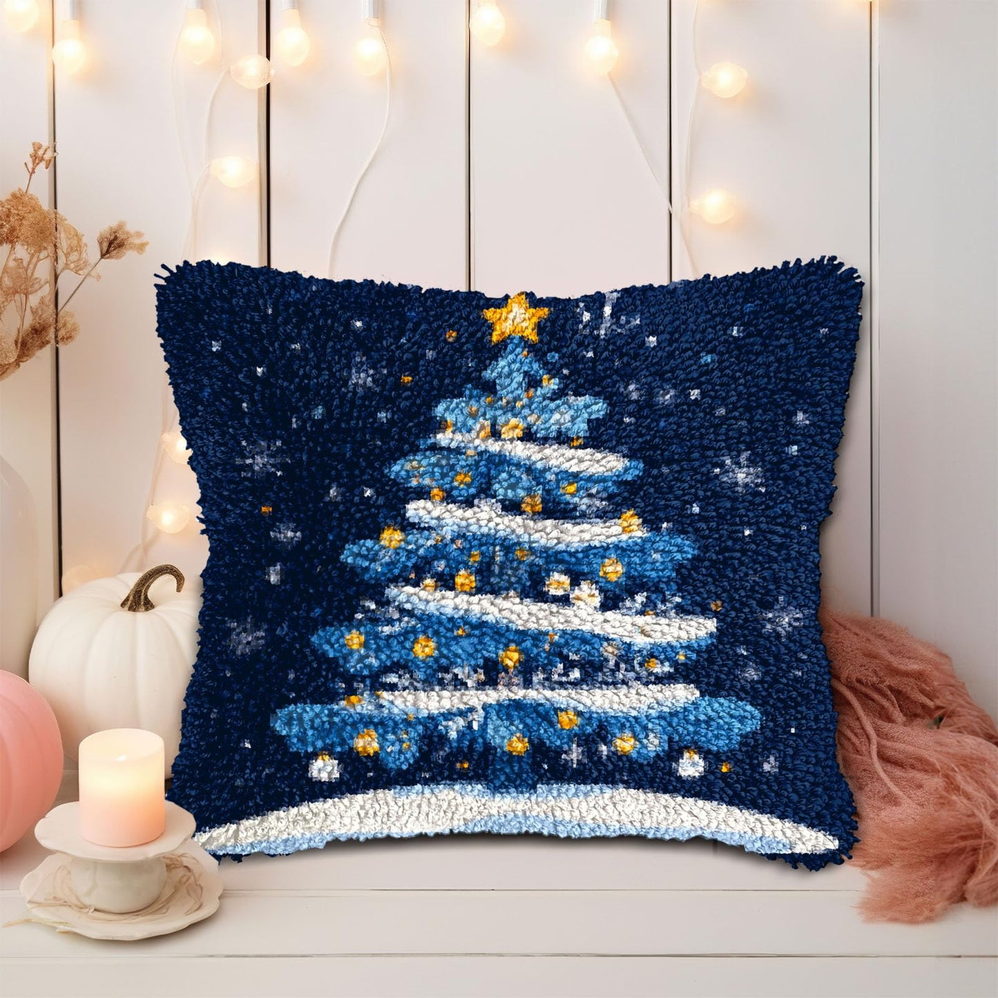 DIY Latch Hook Pillow Kits for Adults Merry Christmas Winter Christmas Tree Pillow Cover Printed Pillowcase Crochet Yarns Hooking Handmade Cushion for Home Sofa Decoration 17x17inch(3)