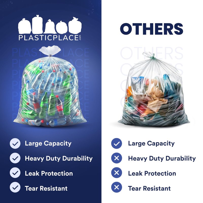 Plasticplace Heavy Duty 55-60 Gallon Trash Bags – Clear Garbage Can Liners (38” x 58”) – Durable Multiuse, Puncture-Resistant, 50 Count – Ideal for Kitchens, Warehouses and Recycling Trashbags 1.5 Mil