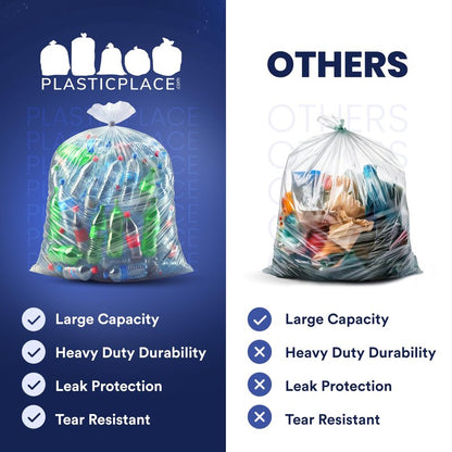 Plasticplace Heavy Duty 55-60 Gallon Trash Bags – Clear Garbage Can Liners (38” x 58”) – Durable Multiuse, Puncture-Resistant, 50 Count – Ideal for Kitchens, Warehouses and Recycling Trashbags 1.5 Mil