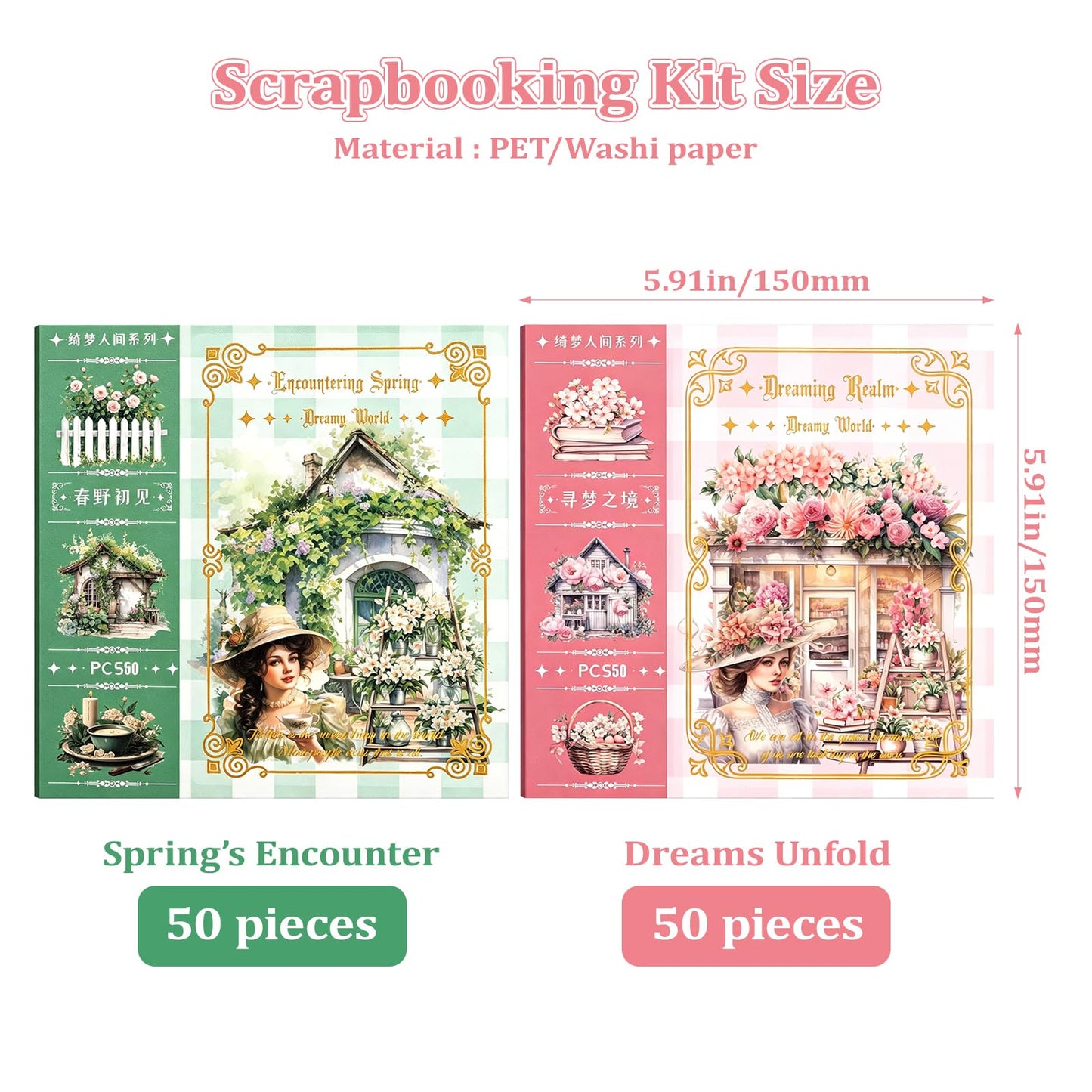 Dreamland Series Sticker Book, 2 Piece Set (Pink & Green), 100 Sheets Aesthetic Washi Stickers for Journaling - Vintage Scrapbooking Supplies for Junk Journal, Planner, DIY Arts & Crafts