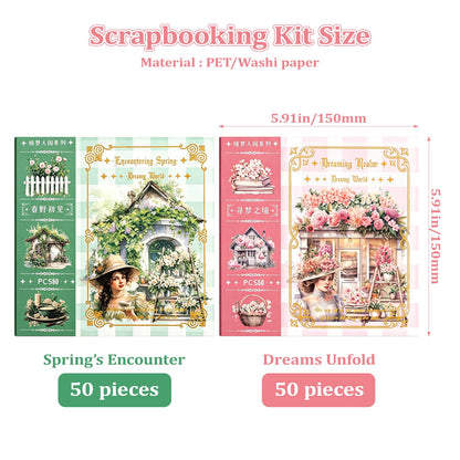 Dreamland Series Sticker Book, 2 Piece Set (Pink & Green), 100 Sheets Aesthetic Washi Stickers for Journaling - Vintage Scrapbooking Supplies for Junk Journal, Planner, DIY Arts & Crafts