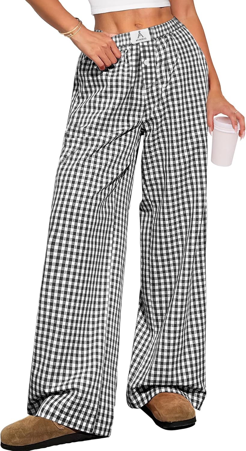 ANRABESS Womens Striped Gingham Pants 2025 Pajama Lounge Boxer Pants Cute Comfy PJ Bottoms with Pockets Y2K Plaid Outfits
